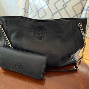 Tory Burch Marion Black Leather chain Shoulder Tote with Wallet